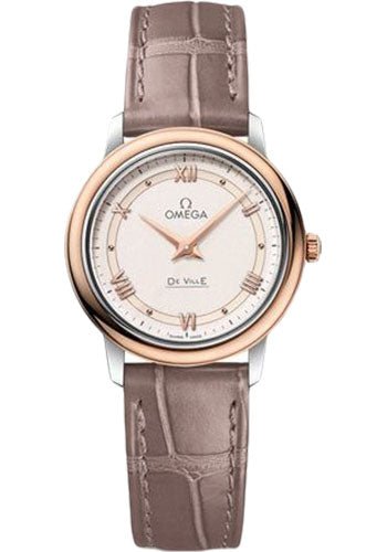 Omega De Ville Prestige Quartz Watch – 27.4 mm Steel And Red Gold Case – Varnished Shimmer Ivory-Beige Dial – Taupe-Brown Leather Strap – 424.23.27.60.09.001