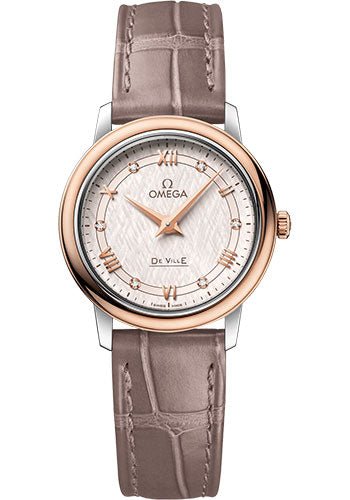 Omega De Ville Prestige Quartz Watch – 27.4 mm Steel And Red Gold Case – Ivory Silvery Dial – Taupe-Brown Leather Strap – 424.23.27.60.52.001