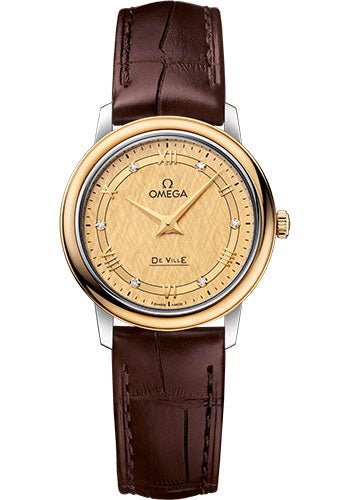 Omega De Ville Prestige Quartz Watch – 27.4 mm Steel And Yellow Gold Case – Champagne Dial – Brown Leather Strap – 424.23.27.60.58.001