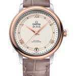 Omega De Ville Prestige Co-Axial Watch – 32.7 mm Steel And Red Gold Case – Varnished Shimmer Ivory-Beige Dial – Taupe-Brown Leather Strap – 424.23.33.20.09.001