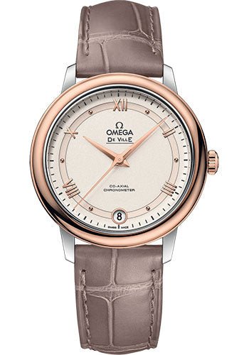 Omega De Ville Prestige Co-Axial Watch – 32.7 mm Steel And Red Gold Case – Varnished Shimmer Ivory-Beige Dial – Taupe-Brown Leather Strap – 424.23.33.20.09.001