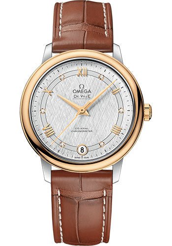 Omega De Ville Prestige Co-Axial Watch – 32.7 mm Steel And Yellow Gold Case – White Silvery Dial – Light Brown Leather Strap – 424.23.33.20.52.001