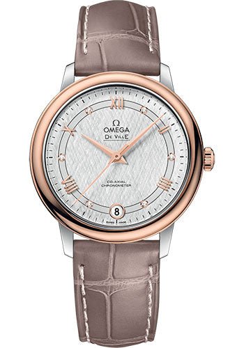 Omega De Ville Prestige Co-Axial Watch – 32.7 mm Steel And Red Gold Case – White Silvery Dial – Taupe-Brown Leather Strap – 424.23.33.20.52.002