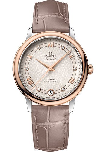 Omega De Ville Prestige Co-Axial Watch – 32.7 mm Steel And Red Gold Case – Ivory Silvery Dial – Taupe-Brown Leather Strap – 424.23.33.20.52.003