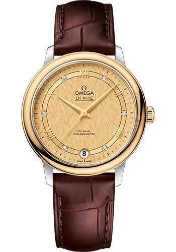 Omega De Ville Prestige Co-Axial Watch – 32.7 mm Steel And Yellow Gold Case – Champagne Dial – Brown Leather Strap – 424.23.33.20.58.001