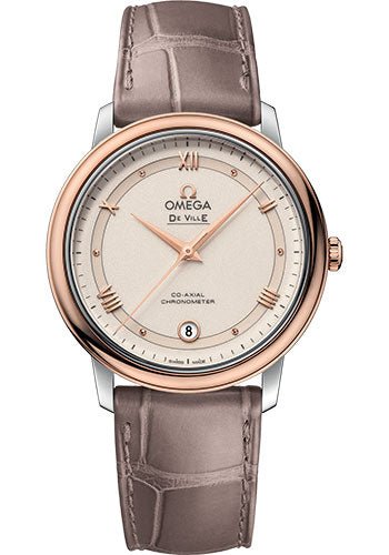 Omega De Ville Prestige Co-Axial Watch – 36.8 mm Steel And Red Gold Case – Varnished Shimmer Ivory-Beige Dial – Taupe-Brown Leather Strap – 424.23.37.20.09.001