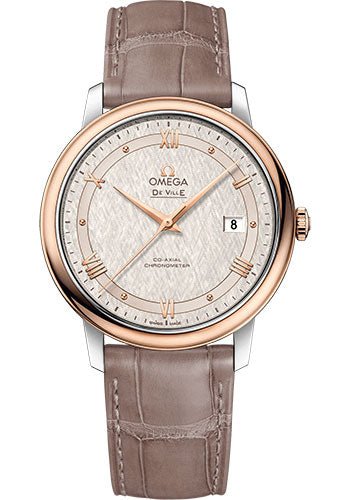 Omega De Ville Prestige Co-Axial Watch – 39.5 mm Steel And Red Gold Case – Ivory Silvery Dial – Taupe-Brown Leather Strap – 424.23.40.20.02.003