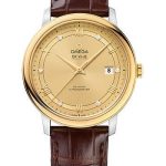 Omega De Ville Prestige Co-Axial Watch – 39.5 mm Steel Case – Yellow Gold Bezel – Champagne Diamond Dial – Brown Leather Strap – 424.23.40.20.58.001