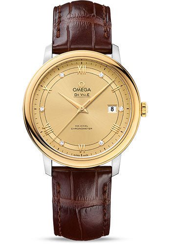 Omega De Ville Prestige Co-Axial Watch – 39.5 mm Steel Case – Yellow Gold Bezel – Champagne Diamond Dial – Brown Leather Strap – 424.23.40.20.58.001