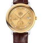 Omega De Ville Prestige Co-Axial Power Reserve Watch – 39.5 mm Steel Case – Yellow Gold Bezel – Champagne Diamond Dial – Brown Leather Strap – 424.23.40.21.58.001
