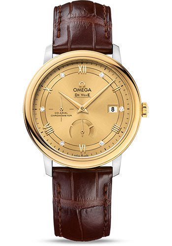Omega De Ville Prestige Co-Axial Power Reserve Watch – 39.5 mm Steel Case – Yellow Gold Bezel – Champagne Diamond Dial – Brown Leather Strap – 424.23.40.21.58.001