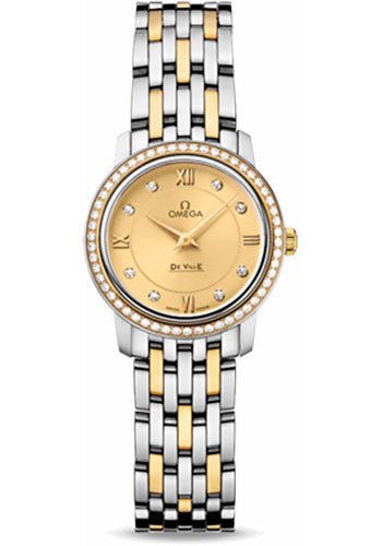 Omega De Ville Prestige Quartz Watch – 24.4 mm Steel And Yellow Gold Case – Diamond Bezel – Champagne Diamond Dial – 424.25.24.60.58.001