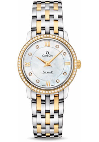 Omega De Ville Prestige Quartz Watch – 27.4 mm Steel And Yellow Gold Case – Diamond Bezel – Mother-Of-Pearl Diamond Dial – 424.25.27.60.55.001