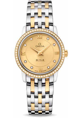Omega De Ville Prestige Quartz Watch – 27.4 mm Steel And Yellow Gold Case – Diamond Bezel – Champagne Diamond Dial – 424.25.27.60.58.001