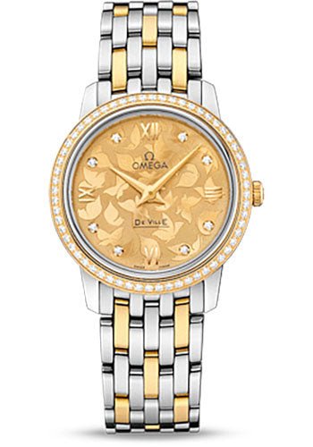 Omega De Ville Prestige Quartz Watch – 27.4 mm Steel Case – Diamond-Set Yellow Gold Bezel – Champagne Diamond Dial – Yellow Gold-Steel Bracelet – 424.25.27.60.58.002