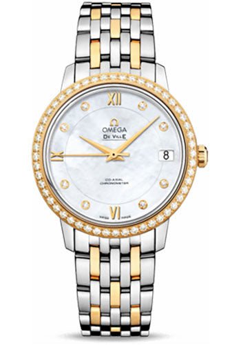 Omega De Ville Prestige Co-Axial Watch – 32.7 mm Steel And Yellow Gold Case – Diamond Bezel – Mother-Of-Pearl Diamond Dial – 424.25.33.20.55.001
