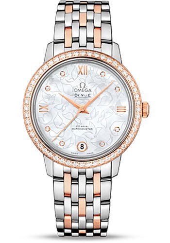 Omega De Ville Prestige Co-Axial Watch – 32.7 mm Steel Case – Diamond-Set Red Gold Bezel – Mother-Of-Pearl Dial – Red Gold-Steel Bracelet – 424.25.33.20.55.003