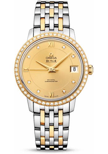 Omega De Ville Prestige Co-Axial Watch – 32.7 mm Steel And Yellow Gold Case – Diamond Bezel – Champagne Diamond Dial – 424.25.33.20.58.001
