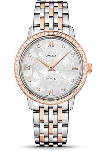 Omega De Ville Prestige Quartz Watch – 32.7 mm Steel Case – 8K Red Gold Bezel – Silver Diamond Dial – Red Gold-Steel Bracelet – 424.25.33.60.52.001