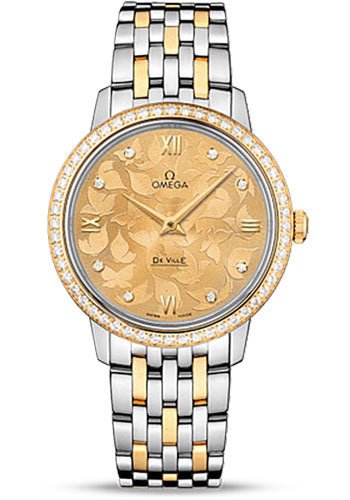 Omega De Ville Prestige Quartz Watch – 32.7 mm Steel Case – Diamond-Set Yellow Gold Bezel – Champagne Diamond Dial – Steel And Yellow Gold Bracelet – 424.25.33.60.58.001