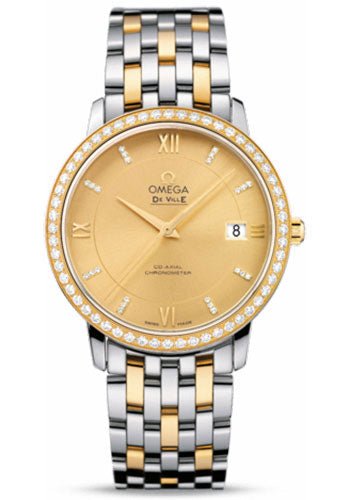 Omega De Ville Prestige Co-Axial Watch – 36.8 mm Steel And Yellow Gold Case – Diamond Bezel – Champagne Diamond Dial – 424.25.37.20.58.001
