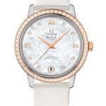 Omega De Ville Prestige Co-Axial Watch – 32.7 mm Steel Case – Diamond-Set Red Gold Bezel – Mother-Of-Pearl Diamond Dial – White Satin-Brushed Leather Strap – 424.27.33.20.55.001