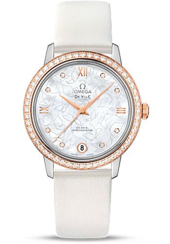 Omega De Ville Prestige Co-Axial Watch – 32.7 mm Steel Case – Diamond-Set Red Gold Bezel – Mother-Of-Pearl Diamond Dial – White Satin-Brushed Leather Strap – 424.27.33.20.55.001