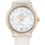 Omega De Ville Prestige Co-Axial Watch – 32.7 mm Steel Case – Diamond-Set Yellow Gold Bezel – Mother-Of-Pearl Diamond Dial – White Satin-Brushed Leather Strap – 424.27.33.20.55.002