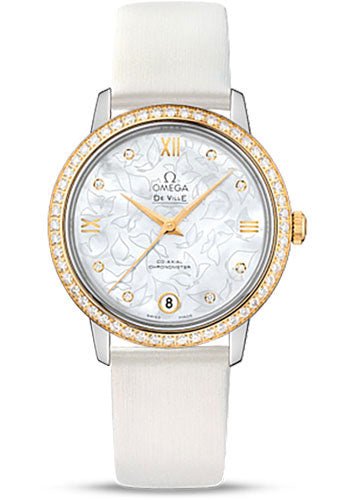 Omega De Ville Prestige Co-Axial Watch – 32.7 mm Steel Case – Diamond-Set Yellow Gold Bezel – Mother-Of-Pearl Diamond Dial – White Satin-Brushed Leather Strap – 424.27.33.20.55.002