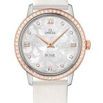 Omega De Ville Prestige Quartz Watch – 32.7 mm Steel Case – Diamond-Set Red Gold Bezel – Silver Diamond Dial – White Satin-Brushed Leather Strap – 424.27.33.60.52.001