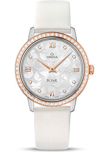 Omega De Ville Prestige Quartz Watch – 32.7 mm Steel Case – Diamond-Set Red Gold Bezel – Silver Diamond Dial – White Satin-Brushed Leather Strap – 424.27.33.60.52.001