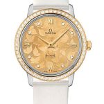 Omega De Ville Prestige Quartz Watch – 32.7 mm Steel Case – Diamond-Set Yellow Gold Bezel – Champagne Diamond Dial – White Satin-Brushed Leather Strap – 424.27.33.60.58.001