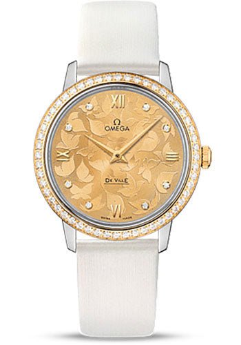 Omega De Ville Prestige Quartz Watch – 32.7 mm Steel Case – Diamond-Set Yellow Gold Bezel – Champagne Diamond Dial – White Satin-Brushed Leather Strap – 424.27.33.60.58.001