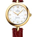 Omega De Ville Prestige Quartz Dewdrop Watch – 27.4 mm Yellow Gold Case – Mother-Of-Pearl Dial – Red Leather Strap – 424.53.27.60.55.001