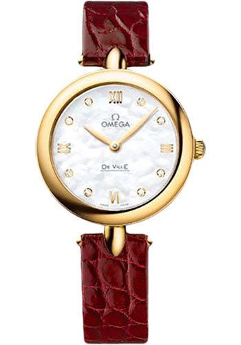 Omega De Ville Prestige Quartz Dewdrop Watch – 27.4 mm Yellow Gold Case – Mother-Of-Pearl Dial – Red Leather Strap – 424.53.27.60.55.001