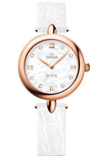 Omega De Ville Prestige Quartz Dewdrop Watch – 27.4 mm Red Gold Case – Mother-Of-Pearl Dial – White Leather Strap – 424.53.27.60.55.002