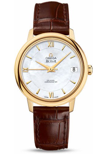 Omega De Ville Prestige Co-Axial Watch – 32.7 mm Yellow Gold Case – Mother-Of-Pearl Dial – Brown Leather Strap – 424.53.33.20.05.002