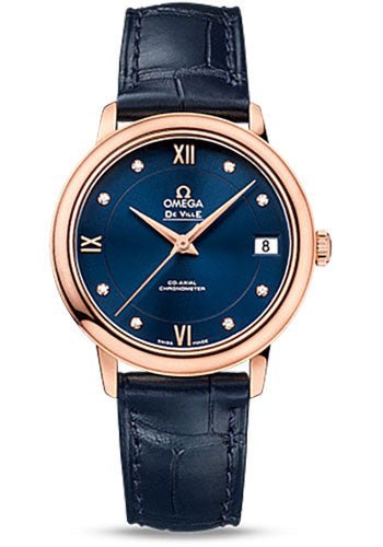 Omega De Ville Prestige Co-Axial Watch – 32.7 mm 18K Red Gold Case – Blue Diamond Dial – Blue Leather Strap – 424.53.33.20.53.001