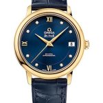 Omega De Ville Prestige Co-Axial Watch – 32.7 mm 18K Yellow Gold Case – Blue Diamond Dial – Blue Leather Strap – 424.53.33.20.53.002
