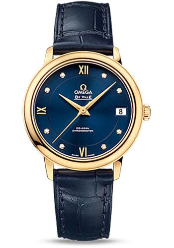 Omega De Ville Prestige Co-Axial Watch – 32.7 mm 18K Yellow Gold Case – Blue Diamond Dial – Blue Leather Strap – 424.53.33.20.53.002