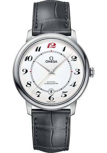 Omega De Ville Prestige Co-Axial De Ville 50th anniversary Watch – 39.5 mm White Gold Case – White Enamel Dial – Grey Leather Strap – 424.53.40.20.04.002