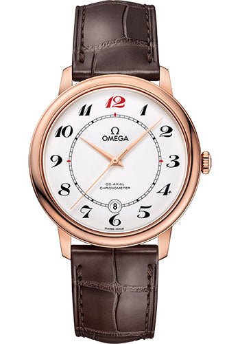 Omega De Ville Prestige Co-Axial De Ville 50th anniversary Watch – 39.5 mm Red Gold Case – White Enamel Dial – Brown Leather Strap – 424.53.40.20.04.004