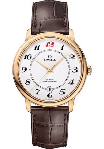 Omega De Ville Prestige Co-Axial De Ville 50th anniversary Watch – 39.5 mm Yellow Gold Case – White Enamel Dial – Brown Leather Strap – 424.53.40.20.04.005