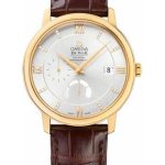 Omega De Ville Prestige Power Reserver Co-Axial Watch – 39.5 mm Yellow Gold Case – Silver Diamond Dial – Brown Leather Strap – 424.53.40.21.52.001