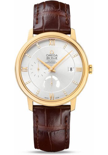 Omega De Ville Prestige Power Reserver Co-Axial Watch – 39.5 mm Yellow Gold Case – Silver Diamond Dial – Brown Leather Strap – 424.53.40.21.52.001
