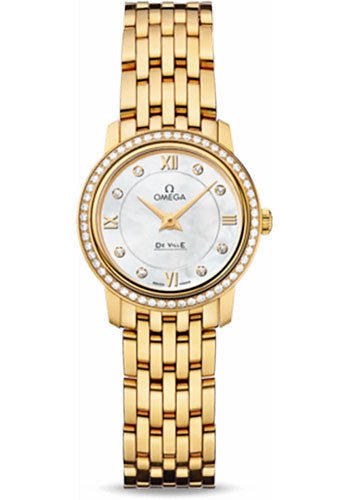 Omega De Ville Prestige Quartz Watch – 24.4 mm Yellow Gold Case – Diamond Bezel – Mother-Of-Pearl Diamond Dial – 424.55.24.60.55.001