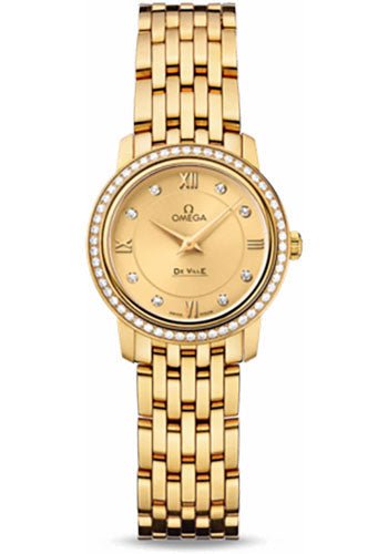 Omega De Ville Prestige Quartz Watch – 24.4 mm Yellow Gold Case – Diamond Bezel – Champagne Diamond Dial – 424.55.24.60.58.001