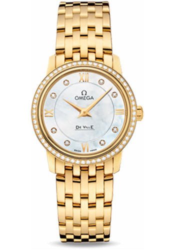 Omega De Ville Prestige Quartz Watch – 27.4 mm Yellow Gold Case – Diamond Bezel – Mother-Of-Pearl Diamond Dial – 424.55.27.60.55.001