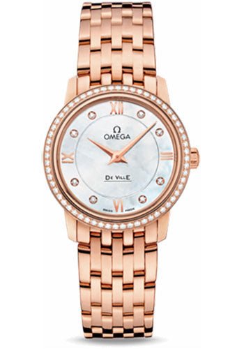 Omega De Ville Prestige Quartz Watch – 27.4 mm Red Gold Case – Diamond Bezel – Mother-Of-Pearl Diamond Dial – 424.55.27.60.55.002