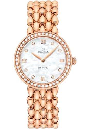 Omega De Ville Prestige Quartz Dewdrop Watch – 27.4 mm Red Gold Case – Radiant Diamond-Set Bezel – Mother-Of-Pearl Dial – 424.55.27.60.55.004